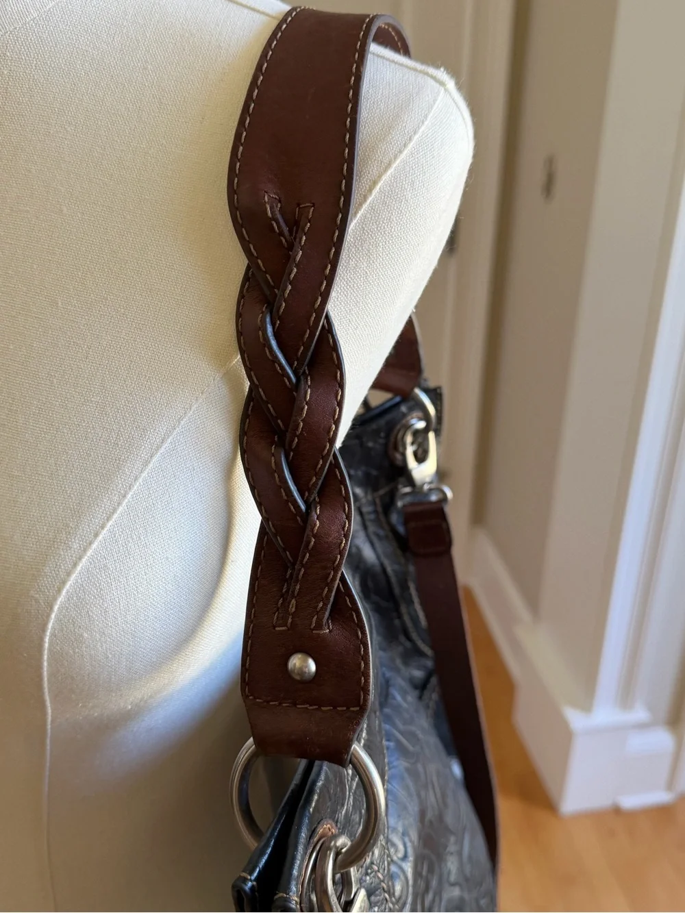 Fossil Long Live Vintage Black Embossed Leather Crossbody Shoulder Bag